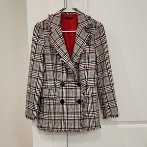 NWOT Sisley Black and Red Plaid Blazer with Red Interior Fringe Trim